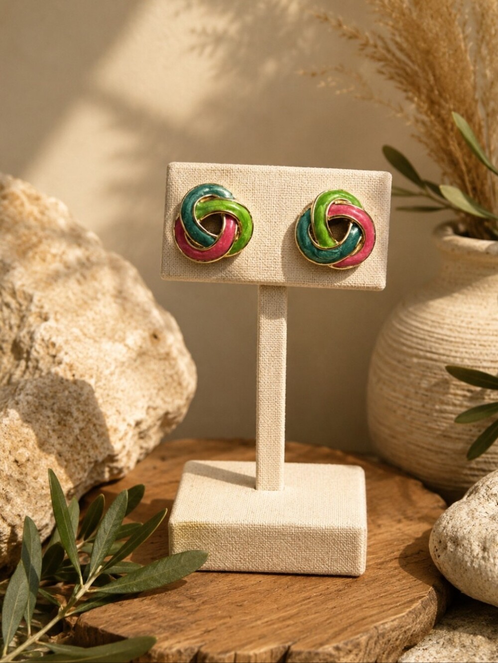 Gold-Tone Multicolor Knot  Earrings - Green, Teal & Pink
